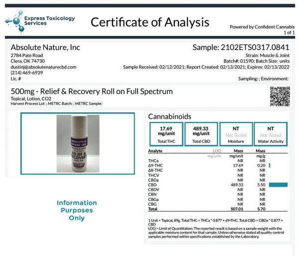 Full-spectrum - CBD - relief recovery cooling roll-on 500mg - Lab Report
